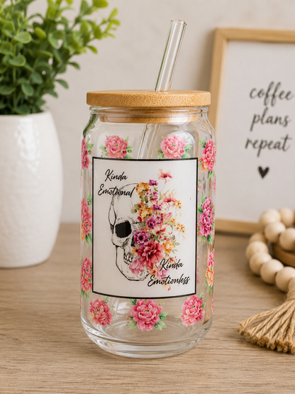 Kinda Emotional Kinda Emotionless Glass Cup | 16oz Floral Skull Iced boho edi