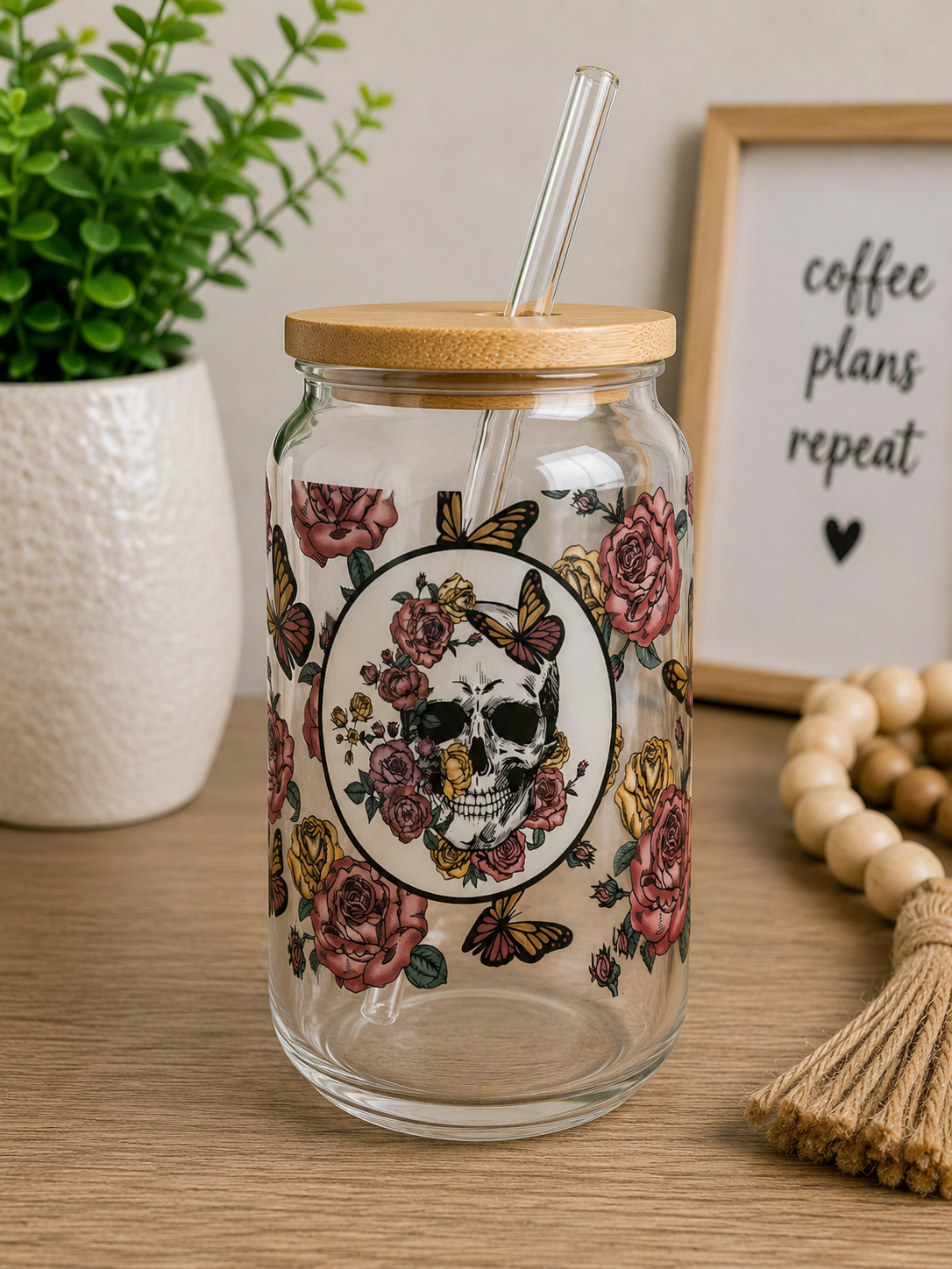 Floral Skull Glass Can Cup Gothic Rose  boho edi