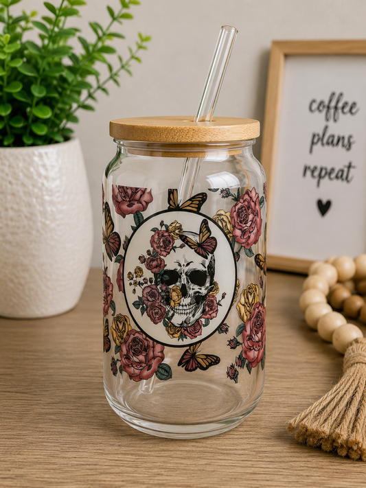 Floral Skull Glass Can Cup Gothic Rose  boho edi
