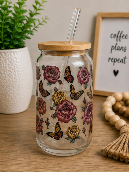 Floral Skull Glass Can Cup Gothic Rose  boho edi