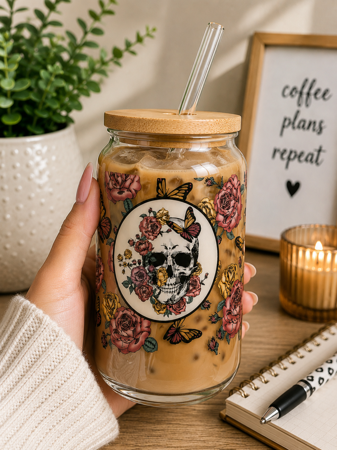 Floral Skull Glass Can Cup Gothic Rose  boho edi
