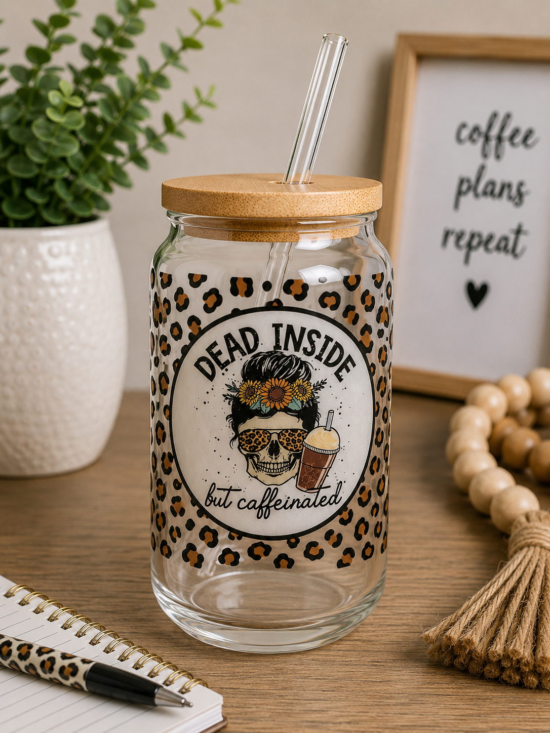 Dead Inside But Caffeinated Glass Cup boho edi