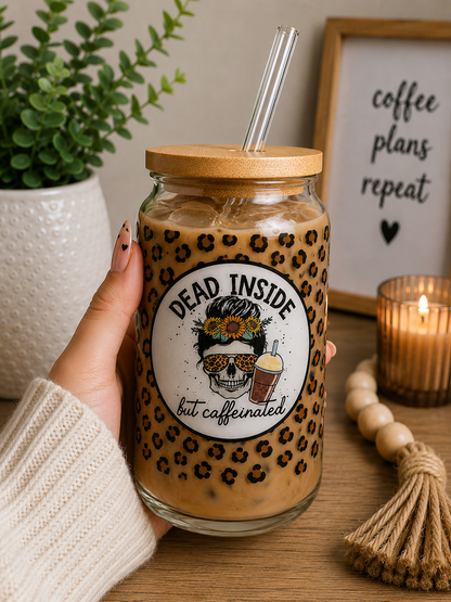 Dead Inside But Caffeinated Glass Cup boho edi