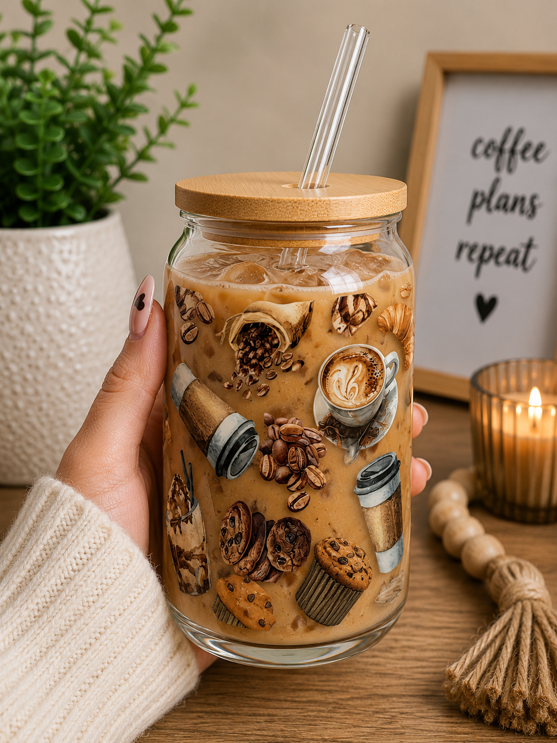 Coffee & Cookies Glass Cup | 16oz Cozy Café Iced Coffee edi