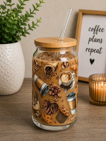Coffee & Cookies Glass Cup | 16oz Cozy Café Iced Coffee edi