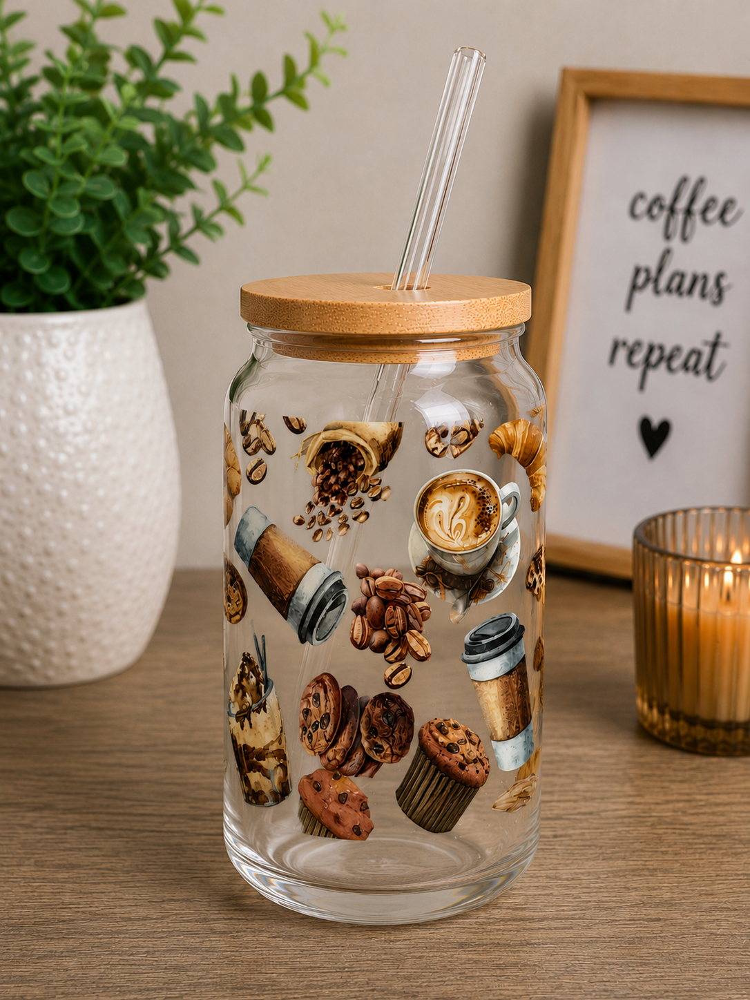 Coffee & Cookies Glass Cup | 16oz Cozy Café Iced Coffee edi