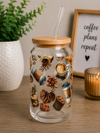 Coffee & Cookies Glass Cup | 16oz Cozy Café Iced Coffee edi