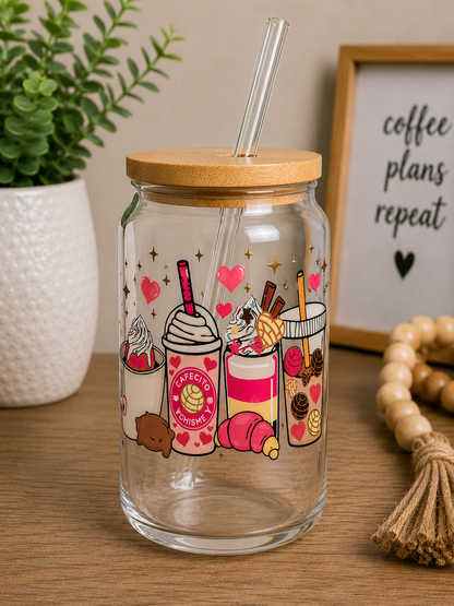 Cute Cafecito & Chisme Glass Cup | 16oz Pink coffee Iced Coffee