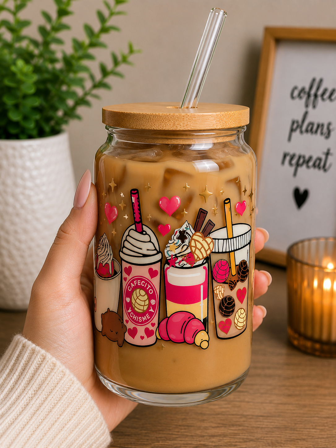 Cute Cafecito & Chisme Glass Cup | 16oz Pink coffee Iced Coffee