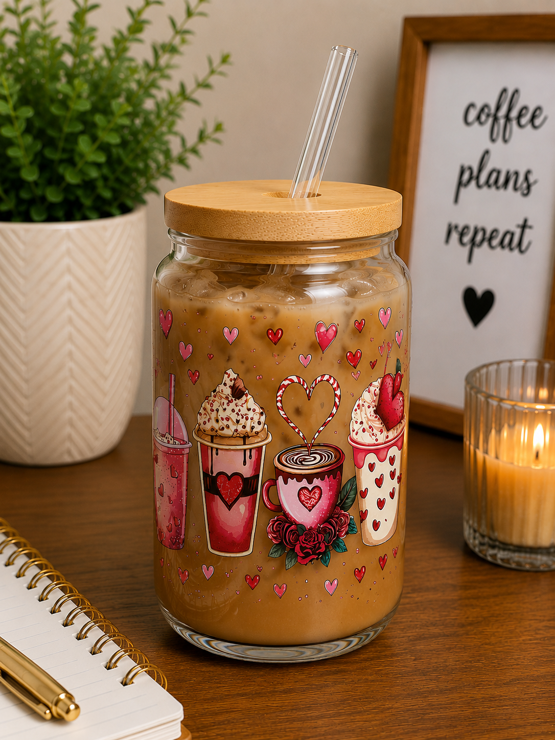 Love & Lattes Glass Can Cup | 16oz Valentine’s Lover