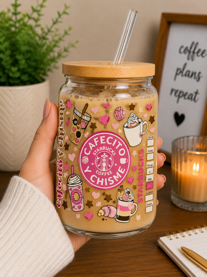 Cafecito y Chisme Glass Cup | 16oz Pink Coffee