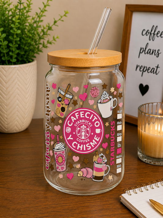 Cafecito y Chisme Glass Cup | 16oz Pink Coffee