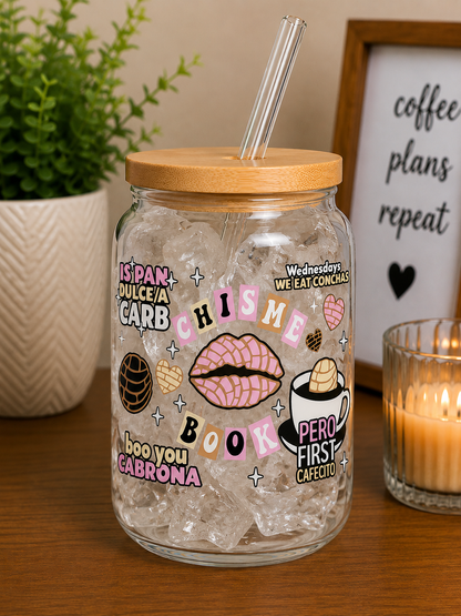 Chisme Book & Cafecito Glass Cup | 16oz Latina Coffee