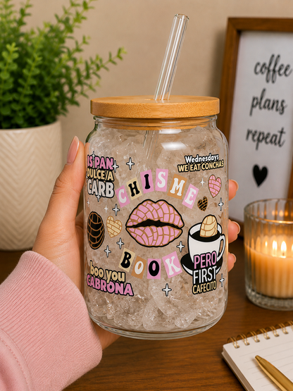 Chisme Book & Cafecito Glass Cup | 16oz Latina Coffee