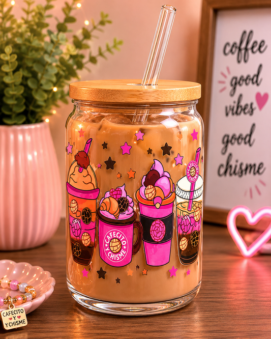 Cafecito y Chisme Pink Glass Cup | 16oz  Coffee