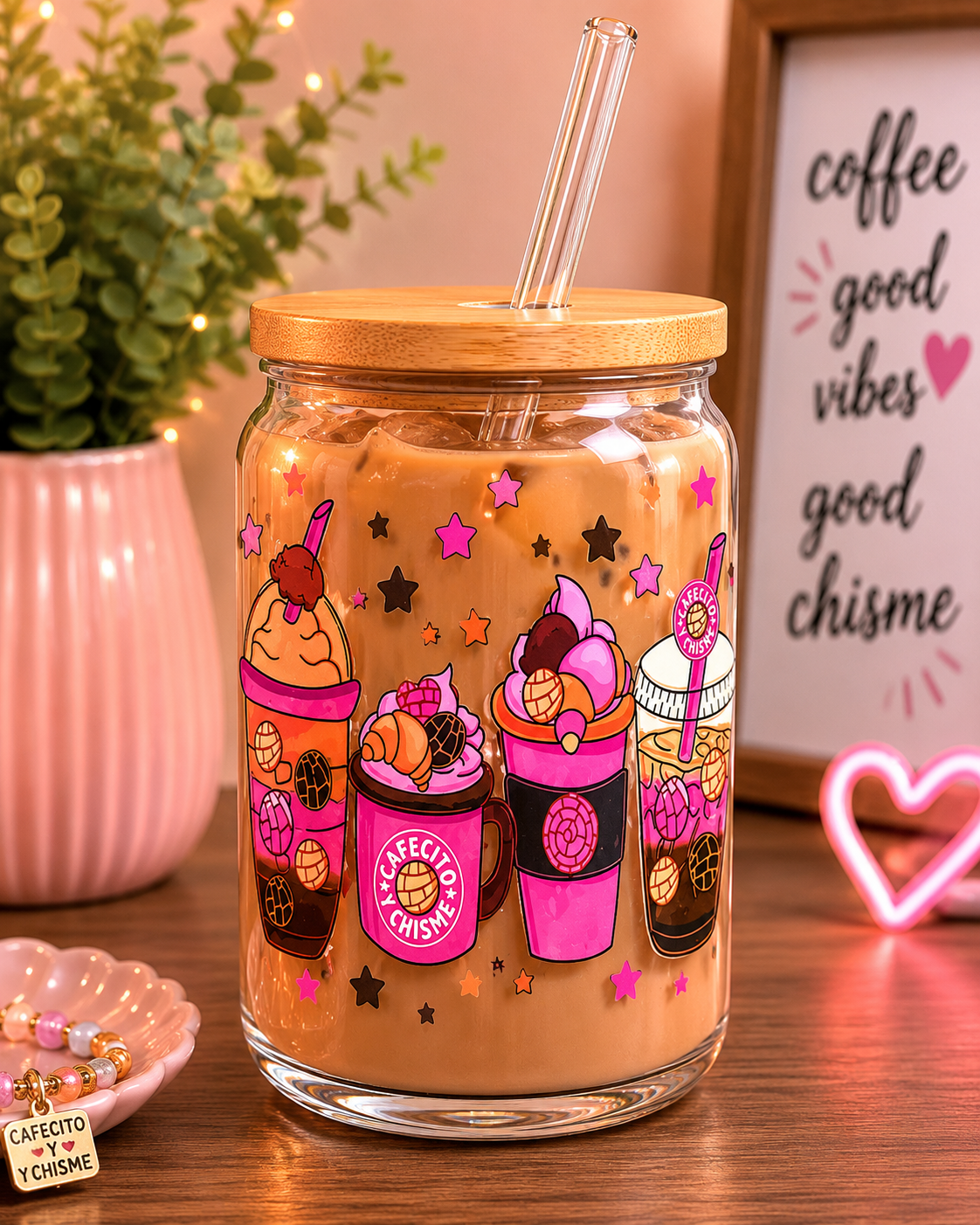 Cafecito y Chisme Pink Glass Cup | 16oz  Coffee