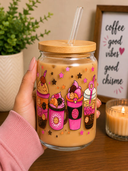 Cafecito y Chisme Pink Glass Cup | 16oz  Coffee