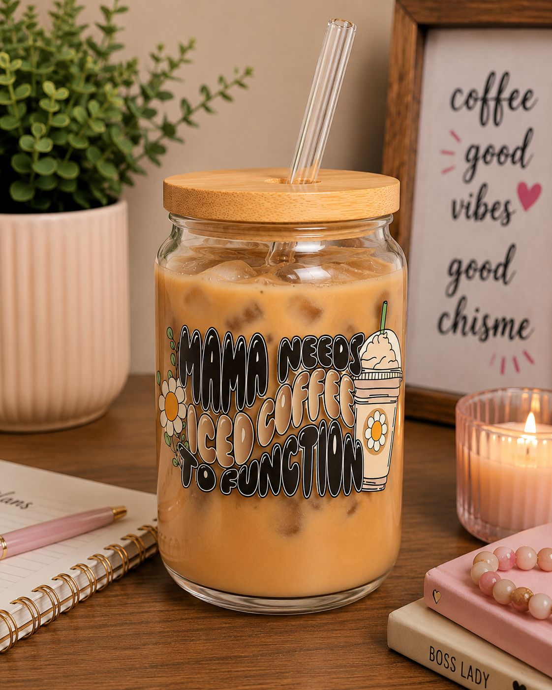 Mama Needs Iced Coffee To Function Glass Can Cup | 16oz Coffee
