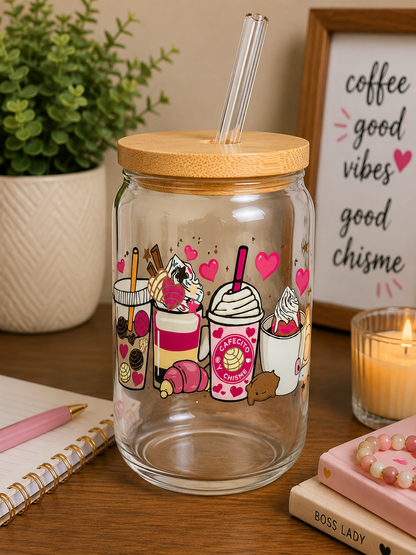 Cafecito & Chisme Coffee Glass Can Cup | 16oz Pink Aesthetic