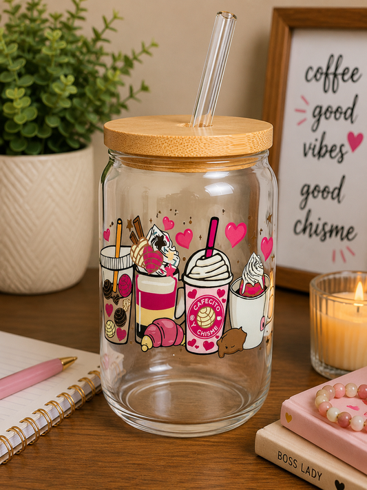 Cafecito & Chisme Coffee Glass Can Cup | 16oz Pink Aesthetic