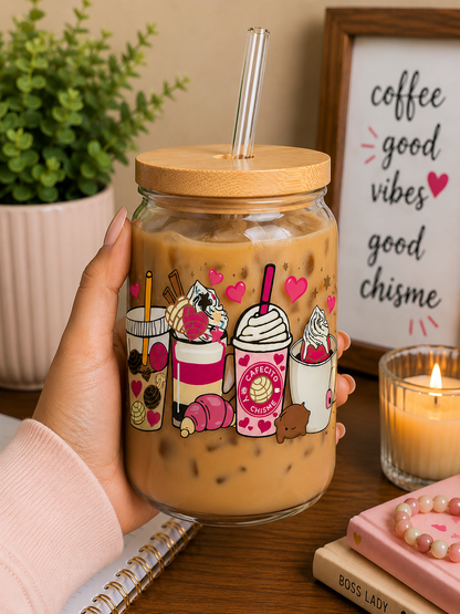 Cafecito & Chisme Coffee Glass Can Cup | 16oz Pink Aesthetic