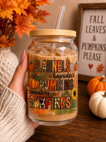 Flannels, Hayrides, Pumpkins & Bonfires Glass fall Cup