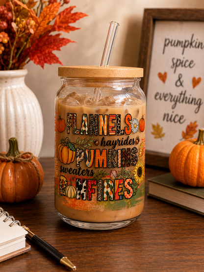 Flannels, Hayrides, Pumpkins & Bonfires Glass fall Cup