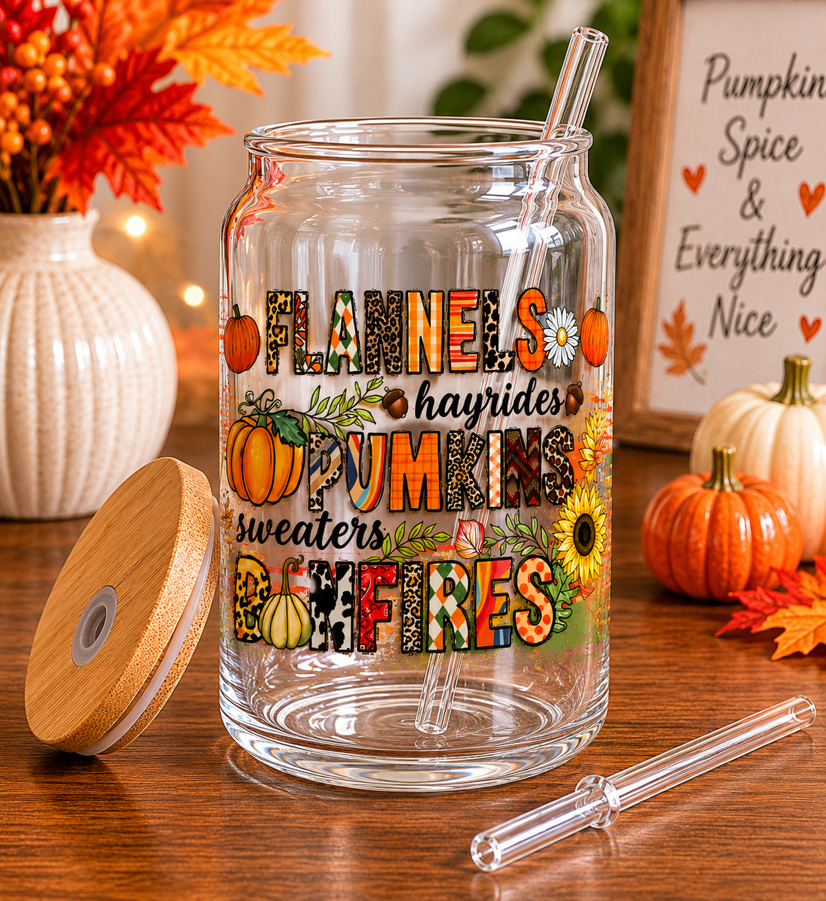 Flannels, Hayrides, Pumpkins & Bonfires Glass fall Cup