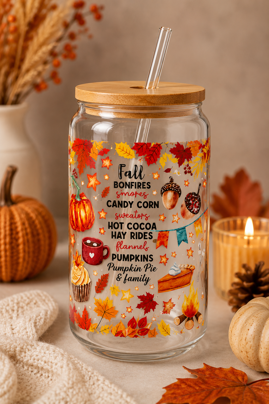 Fall Favorites Glass  Cup | 16oz Autumn cup sea