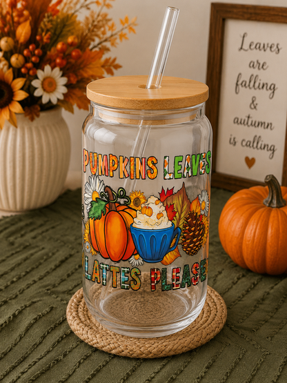Pumpkins, Leaves & Lattes Please Glass Cup sea