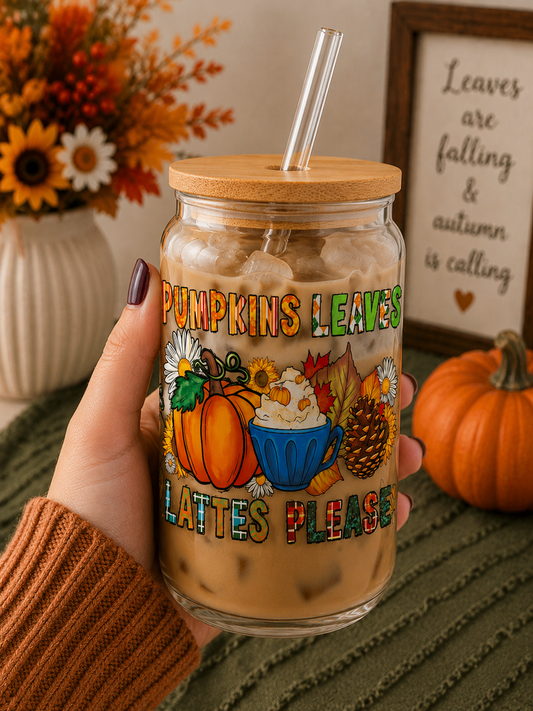 Pumpkins, Leaves & Lattes Please Glass fall Cup
