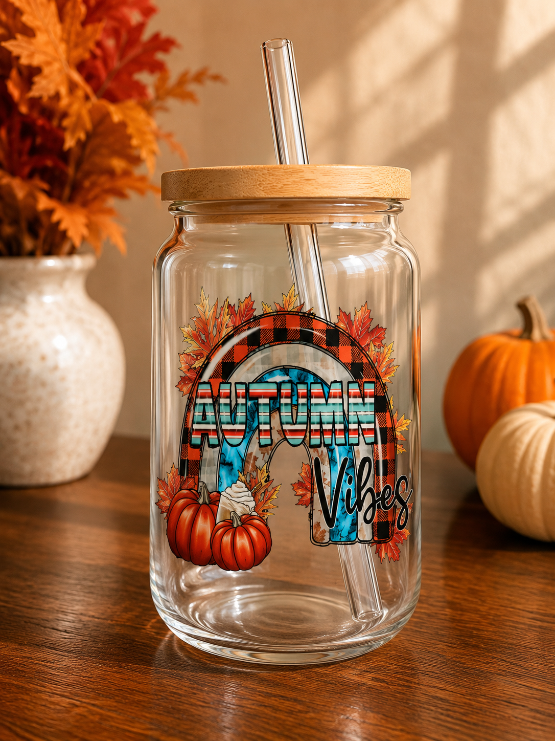Autumn Vibes Rhinestone Lid Glass  Cup |sea