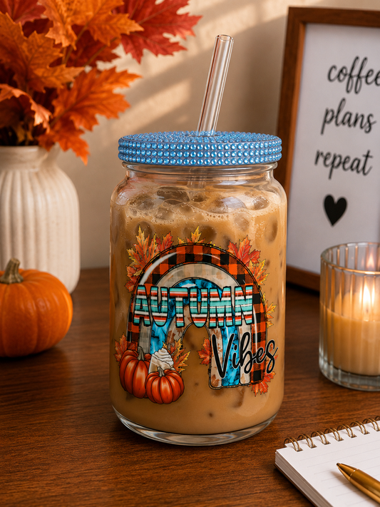 Autumn Vibes Rhinestone Lid Glass  Cup |fall