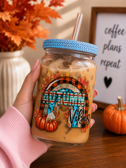 Autumn Vibes Rhinestone Lid Glass  Cup |sea