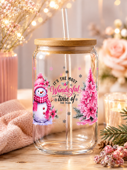 Pink Winter Wonderland Glass  Cup – 16oz Christmas cup