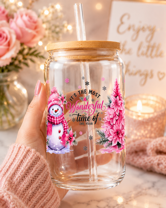 Pink Winter Wonderland Glass  Cup – 16oz Christmas cup