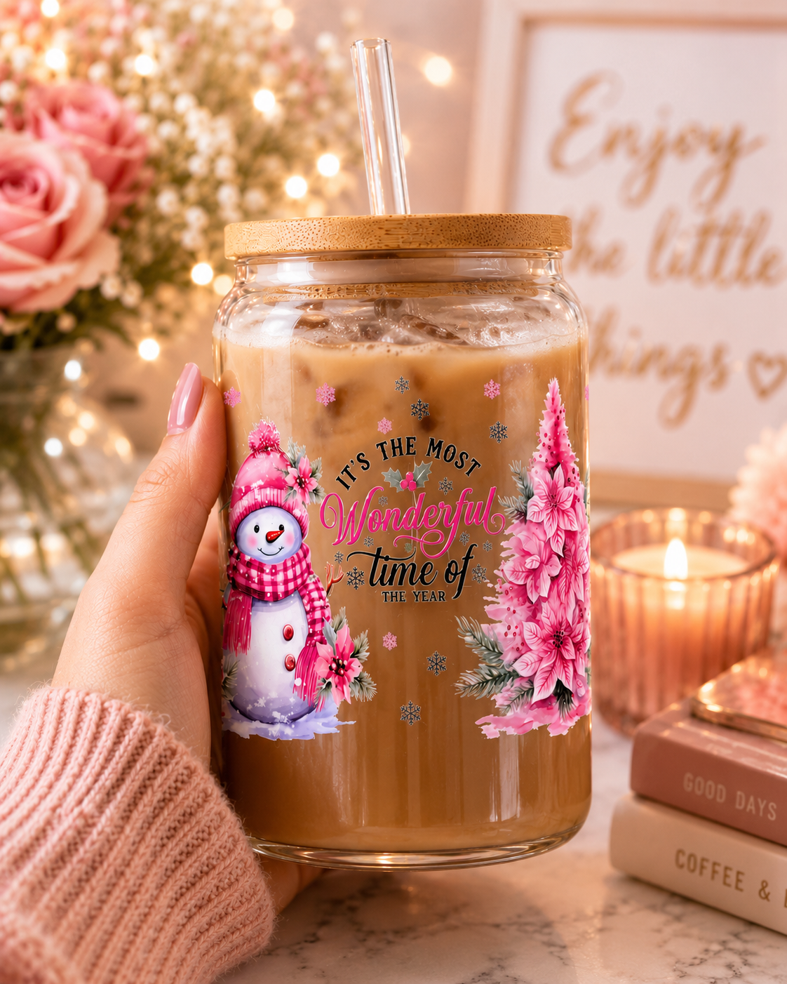 Pink Winter Wonderland Glass  Cup – 16oz Christmas cup