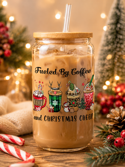 Fueled By  Christmas Cheer Glass  Cup – 16oz Holiday  cup