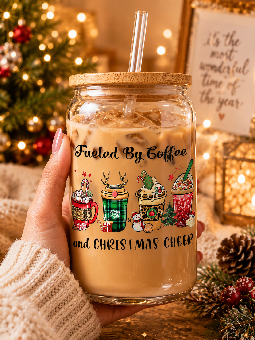 Fueled By  Christmas Cheer Glass  Cup – 16oz Holiday  cup