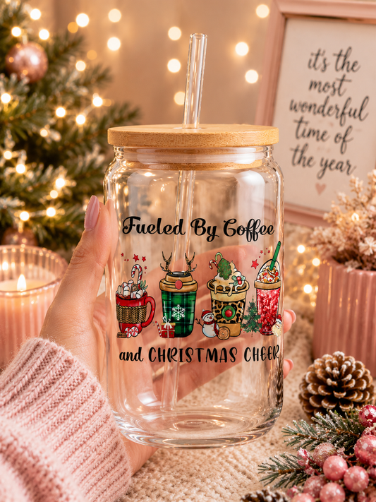 Fueled By  Christmas Cheer Glass  Cup – 16oz Holiday  cup