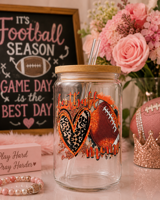 Football Mom Glass Cup – 16oz Iced  Tumbler