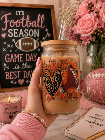Football Mom Glass Cup – 16oz Iced  Tumbler
