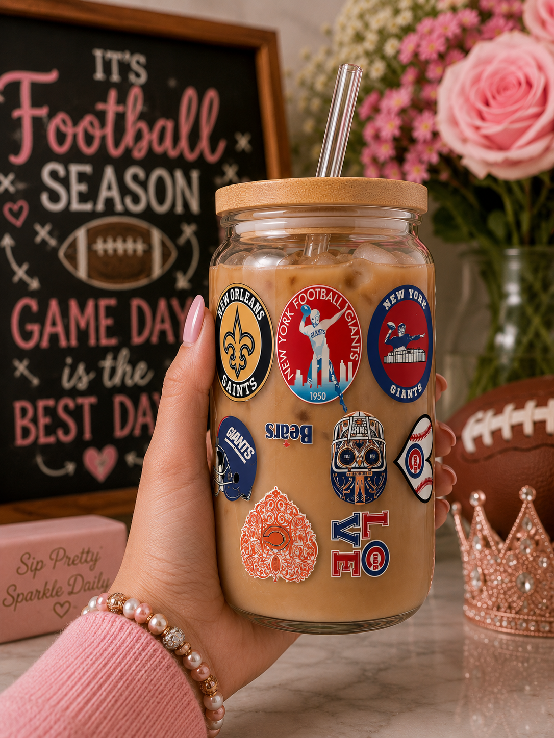 Football Mom Game Day Glass Cup – 16oz Iced Tumbler