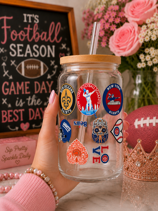 Football Mom Game Day Glass Cup – 16oz Iced Tumbler
