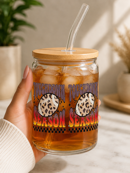 FootballTouchdown Season Leopard Print Glass Cup