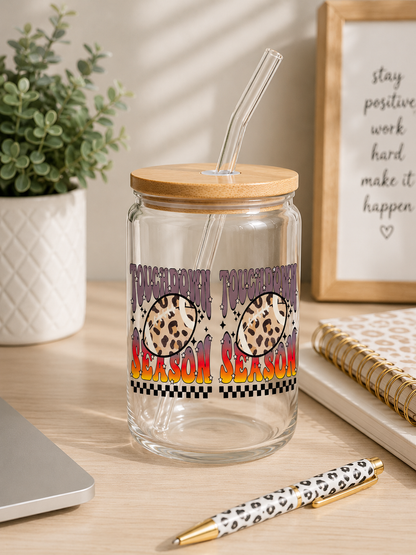 FootballTouchdown Season Leopard Print Glass Cup