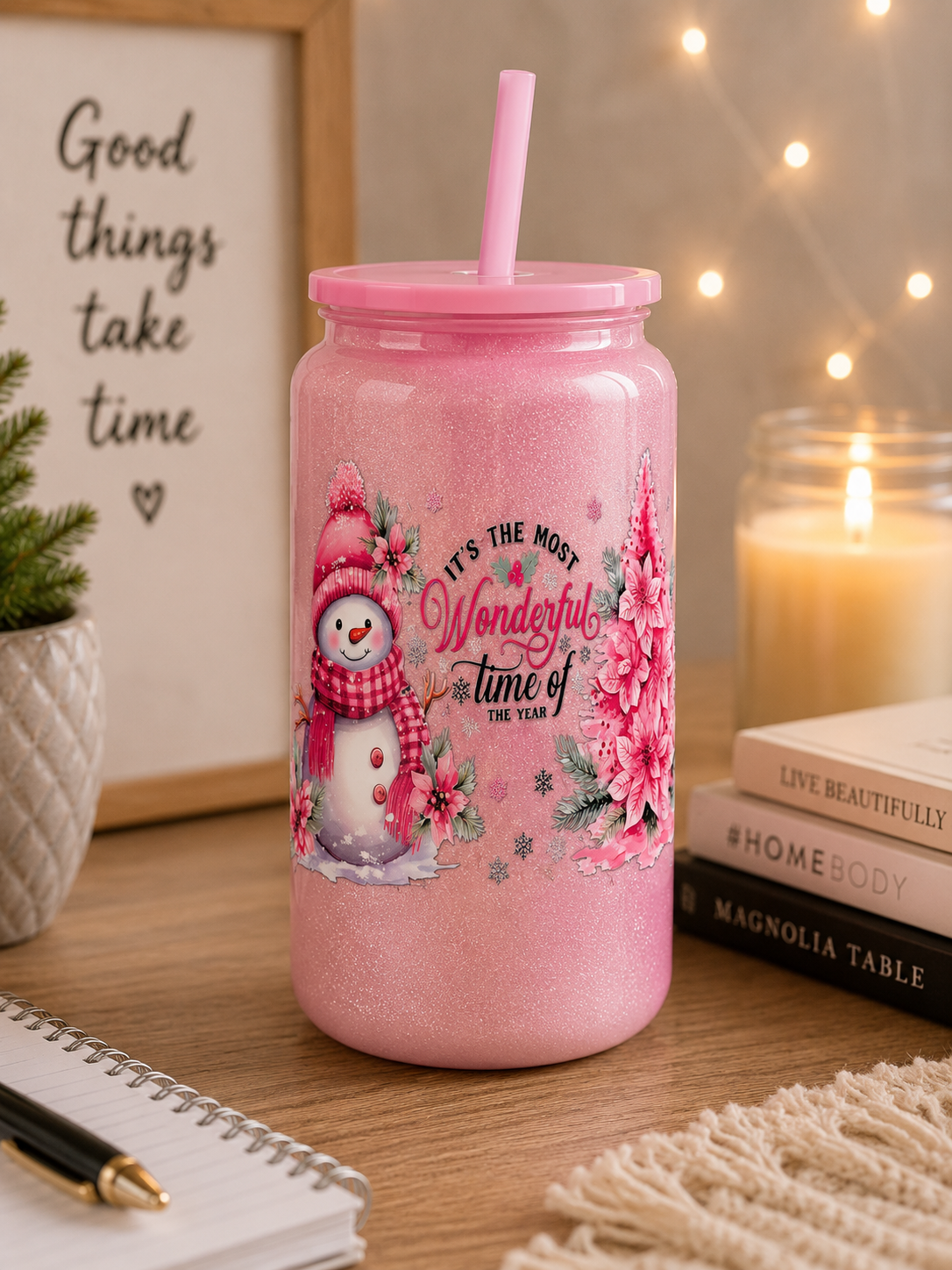 Pink Snowman Christmas Glass Cup – insulated stainless steel