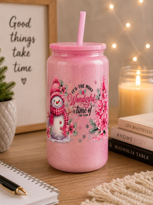 Pink Snowman Christmas Glass Cup – insulated stainless steel