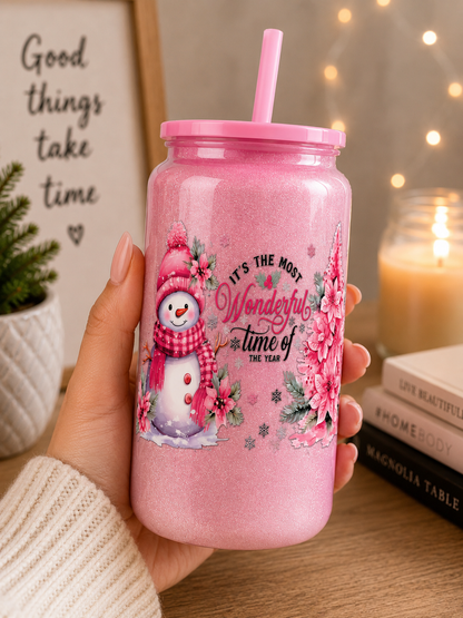 Pink Snowman Christmas Glass Cup – insulated stainless steel