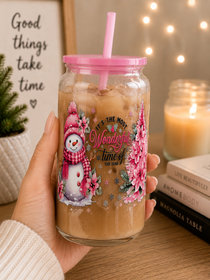 Pink Snowman Christmas Glass Cup – insulated stainless steel